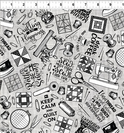Sketchbook Prints Black, Grey, and White Quilting Words Fabric Yardage