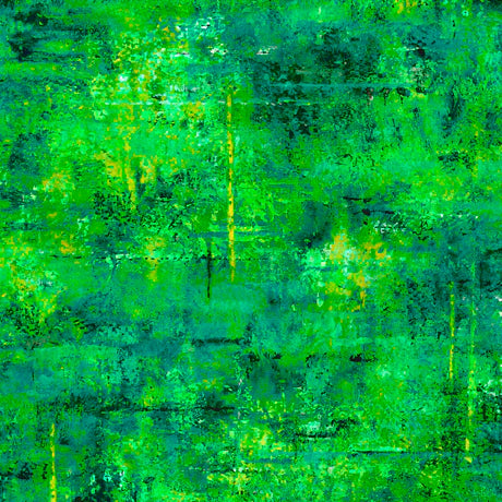 Abstract art in vibrant green, yellow, and blue mirrors the layered look of Vibe Green Mottled Blender Fabric Yardage by QT Fabrics, evoking depth and movement similar to dense foliage or a forest canopy.