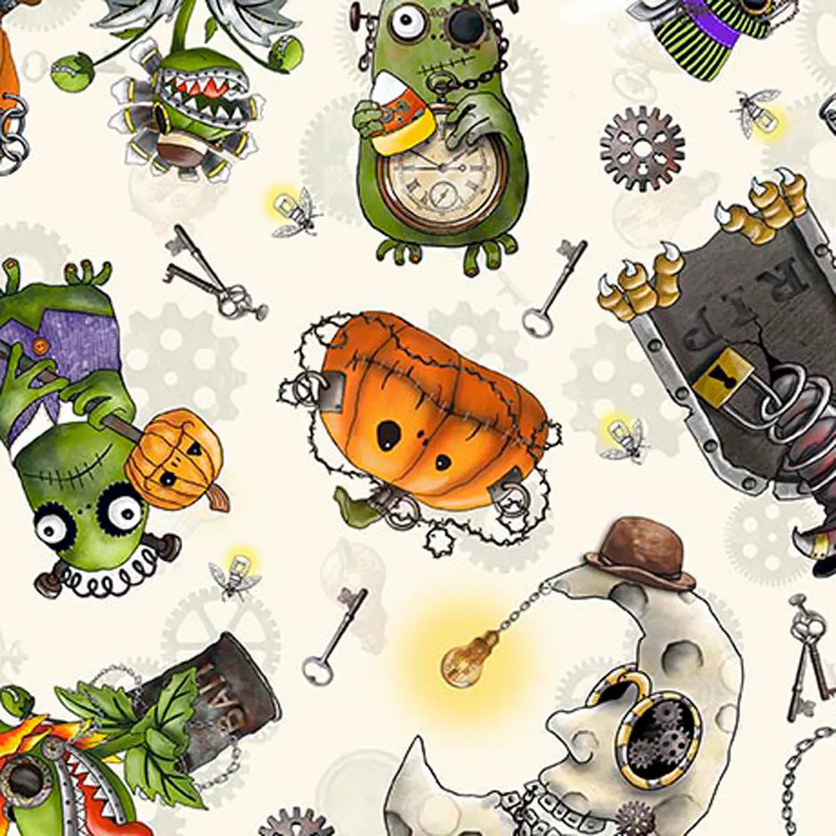 Steampunk Halloween 3 Cream Character Toss Fabric Yardage