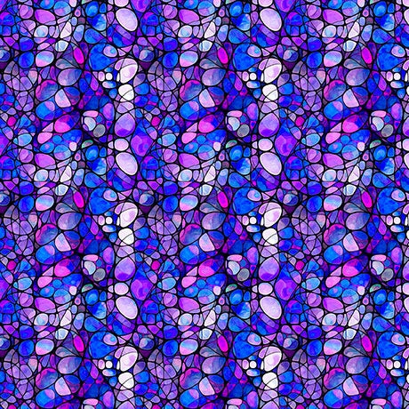 Featuring an abstract pattern of interconnected blue, purple, and pink shapes with black outlines, the QT Fabrics Solstice Purple Kaleidoscope Fabric Yardage offers a stained glass look and dynamic texture on 100% cotton.