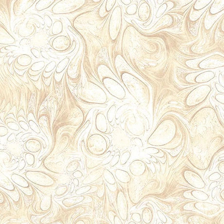 Abstract beige and white marbleized pattern with swirling, organic shapes, resembling delicate petals—Feline Fantasia Cream Marble Abstract Fabric Yardage from QT Fabrics is perfect for elegant quilt projects.