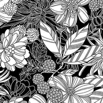 Garden At Twilight Black Stencil Floral Fabric Yardage