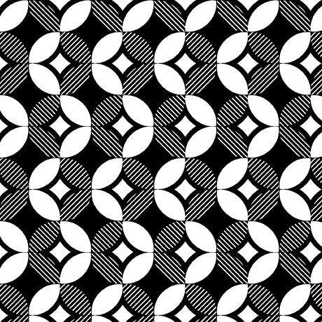 Garden At Twilight Black Circle Geo Fabric by QT Fabrics features a bold black and white geometric pattern with interlocking circles and diamonds plus alternating solid and striped segments for a striking, modern look.