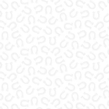 Quilting Illusions White Horseshoes Fabric Yardage by QT Fabrics features a seamless pattern of light gray horseshoes on white, perfect for quilting projects. Ideal for those seeking unique horseshoe-themed fabric.