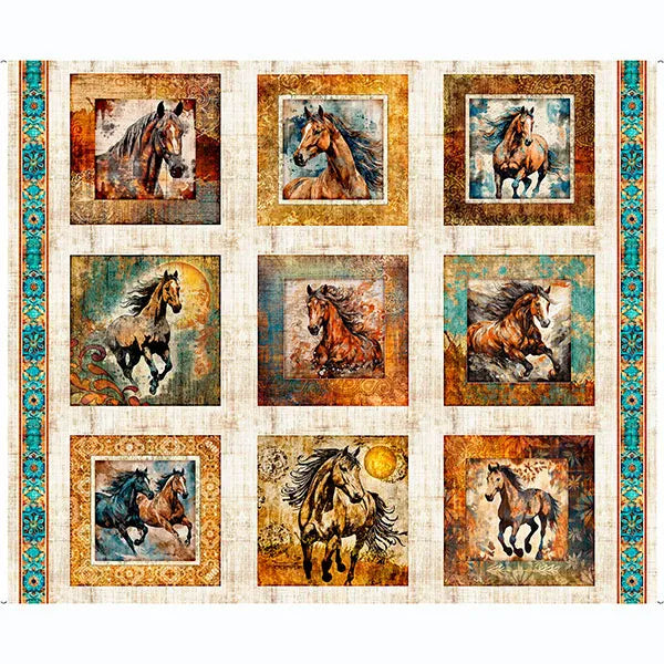 Born to Run Cream Wild Horse Picture Patches 36" Panel