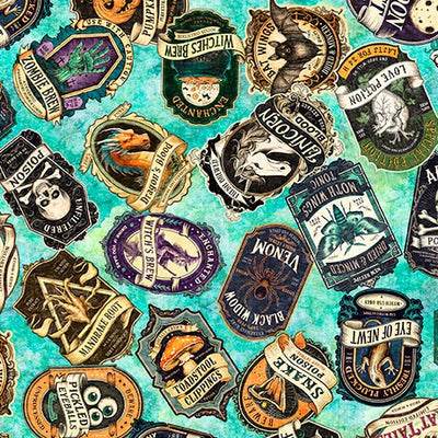 Witchypoo Turquoise Potion Labels Fabric Yardage