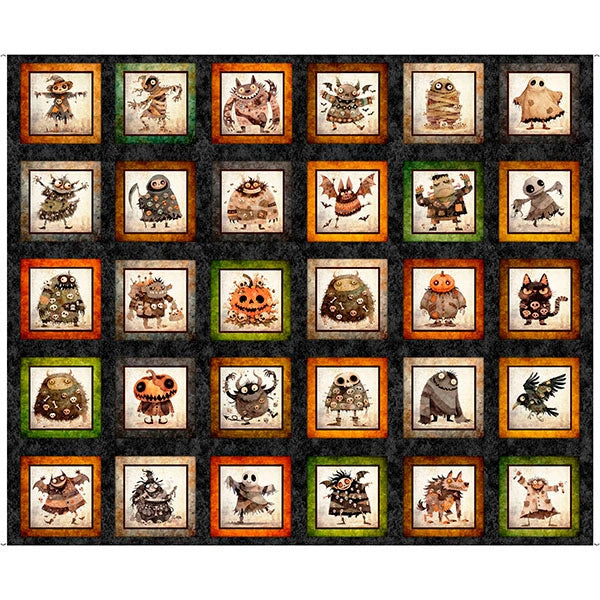 A Haunting We Will Go Charcoal Halloween Monster Picture Panel - quilt fabric panel for quilting projects