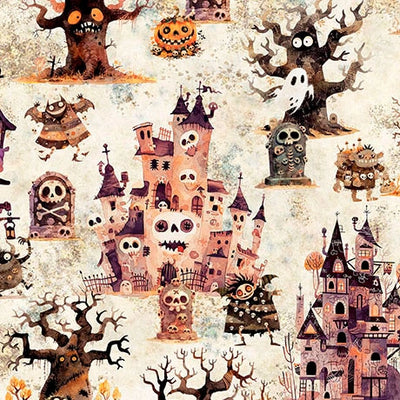 A Haunting We Will Go Oatmeal Haunted Landscape Fabric Yardage