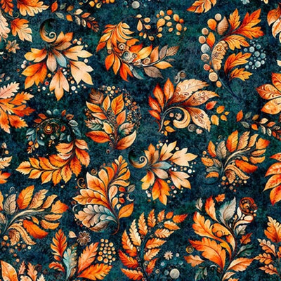 Harvest Hollow Teal Fall Leaves Fabric Yardage