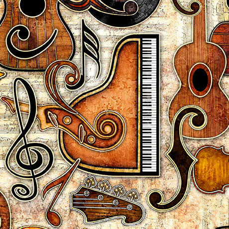 Vivace cream musical instruments set fabric yardage