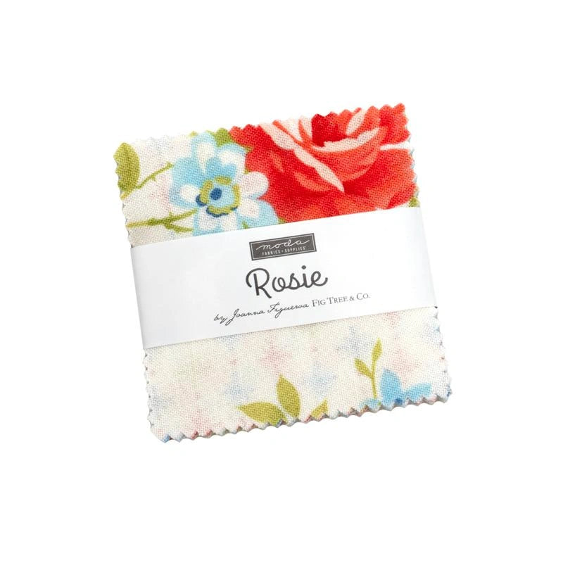 A square Rosie Mini Charm fabric swatch by United Notions, featuring red, blue, and green floral patterns and wrapped in a white label, displayed on a white background—ideal for precut fabric square collectors.
