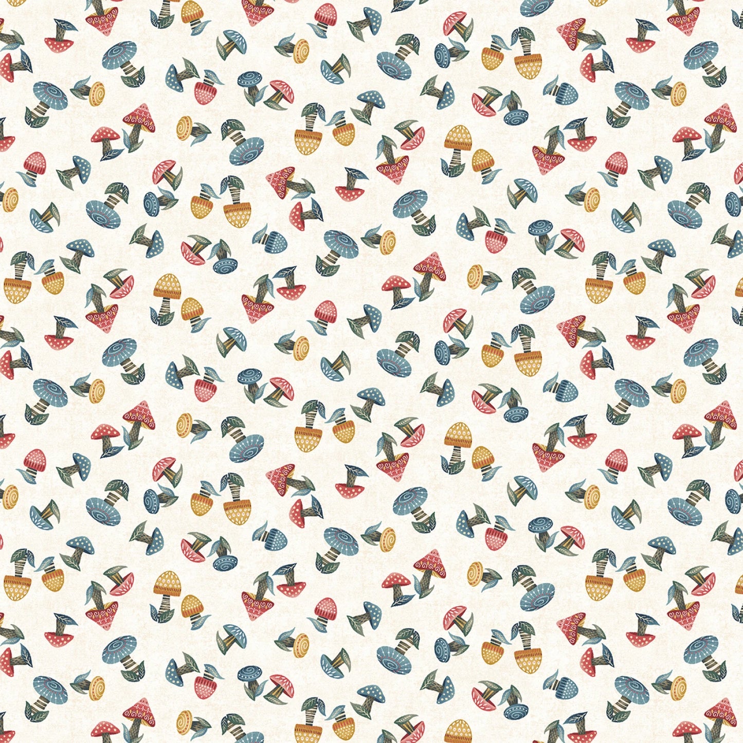 Jaftex - Henry Glass Fabrics' Norwegian Forest Cream Mushroom Fabric Yardage features a seamless, whimsical pattern of small red, yellow, and blue mushrooms scattered on light textured cream fabric for a playful Nordic touch.
