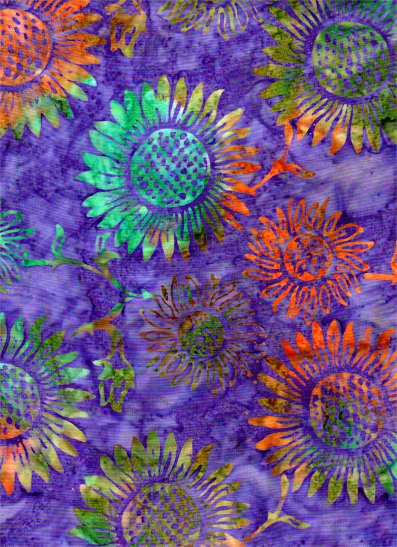 Remnants of Summer Purple Multi Sunflowers Batik Fabric Yardage