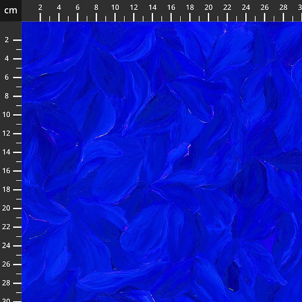 Tulip Festival Blue Zuzu Fabric Yardage by Northcott features an abstract pattern of overlapping blue leaves. Centimeter rulers on the edges show scale, while varied blue shades add depth and movement to this textured quilting cotton.