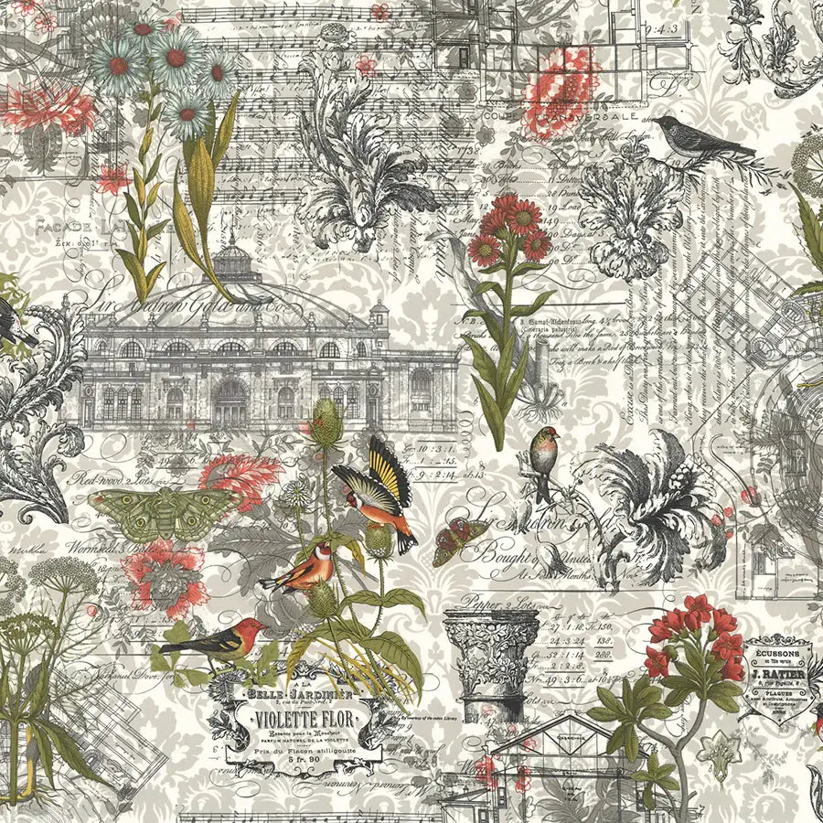 A vintage-style collage with flowers, birds, sheet music, and handwritten notes evokes the elegance of 3 Sisters Fav Collage Multi Fabric Yardage by United Notions, featuring rich botanical and architectural elements on a pale background.