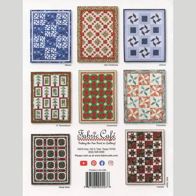 Quick Christmas 3-Yard Quilts displays eight festive quilt patterns in two rows, featuring trees, stars, and flowers. Each beginner-friendly design has a unique holiday theme and border—perfect for your next Christmas quilting project.