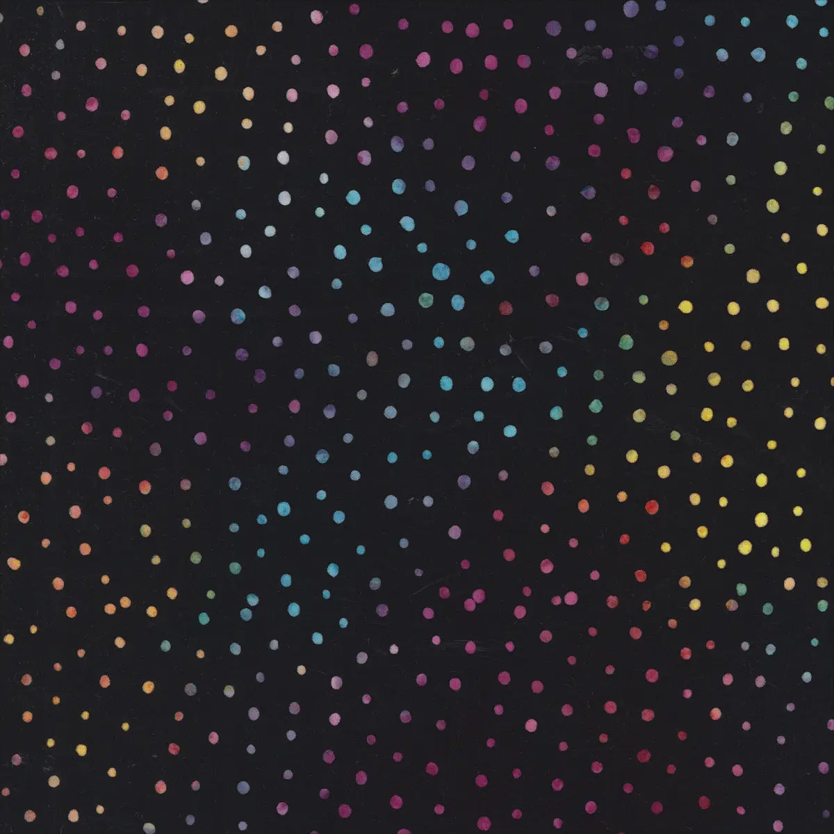 Windham Fabrics’ Quiltessentials Charm Radiance Mini Dots Fabric Yardage features a black background with evenly spaced, multicolored dots in a starry, galaxy-like pattern—ideal for quilting projects.