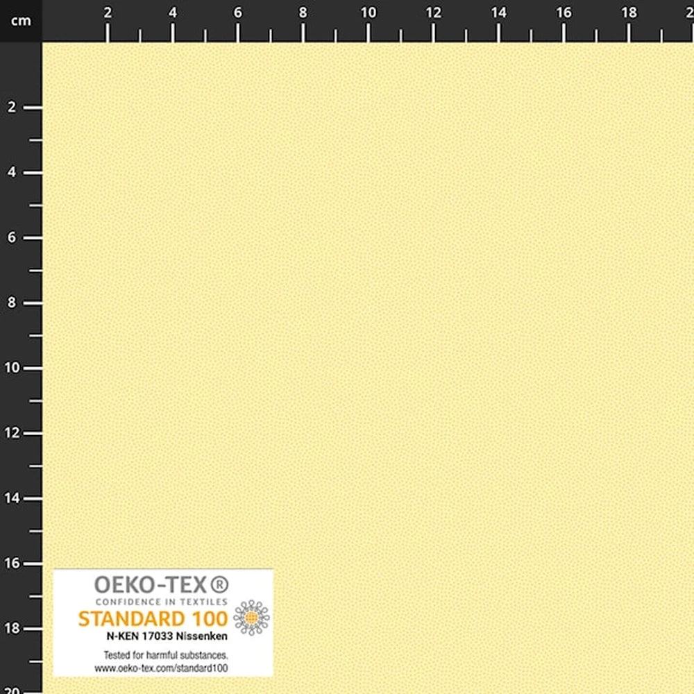 A sample of Petits Points Light Yellow Fabric Yardage is shown on a black centimeter grid, featuring an OEKO-TEX Standard 100 certification label in the lower-left corner.