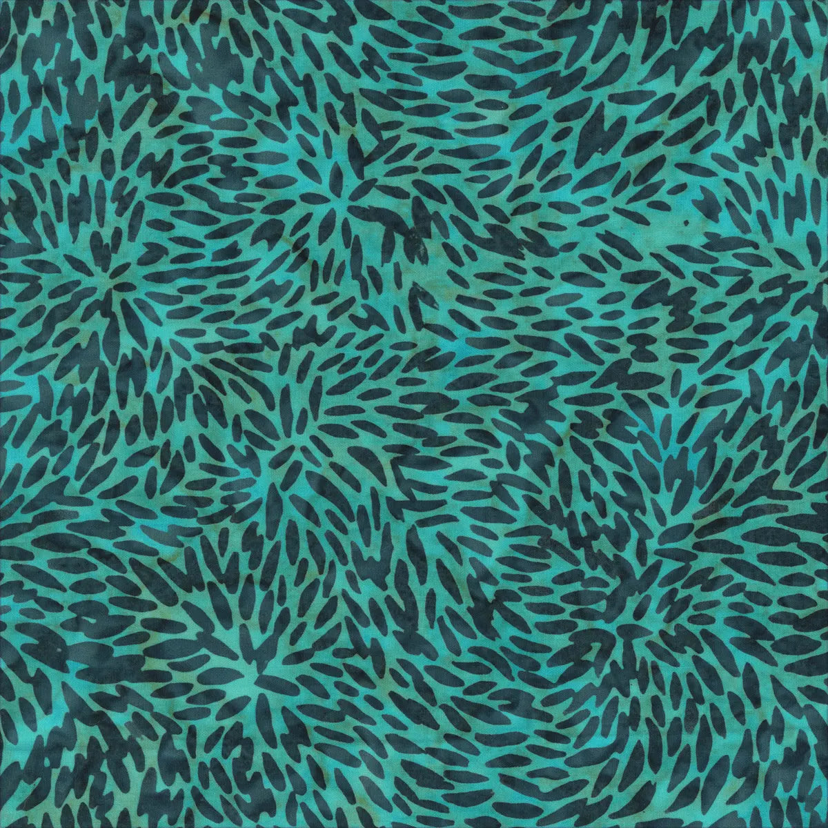 Dense clusters of dark teal and blue brush-like strokes evoke tiny leaves on the Quiltessentials Charm Dark Teal Tiny Leaves Fabric Yardage, creating a textured, organic look reminiscent of batik fabric or quilting cotton.