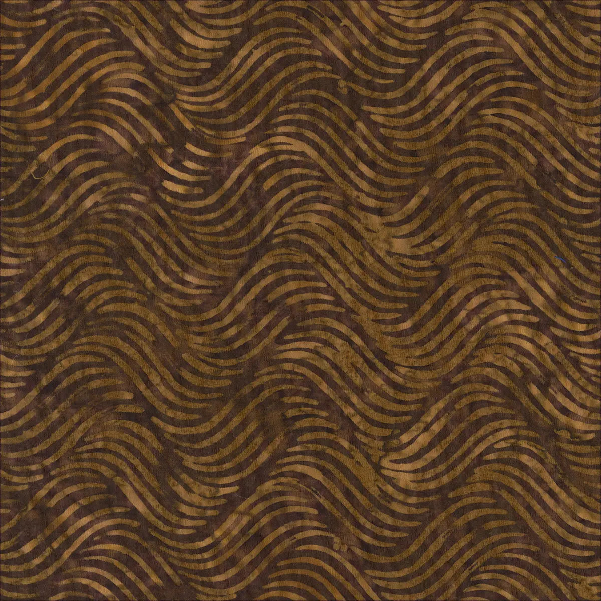 Quiltessentials Charm Chocolate Waves Fabric Yardage by Windham Fabrics features a hand-dyed batik abstract wave pattern in varying shades of brown on 100% cotton, with a dark brown background and lighter brown lines.