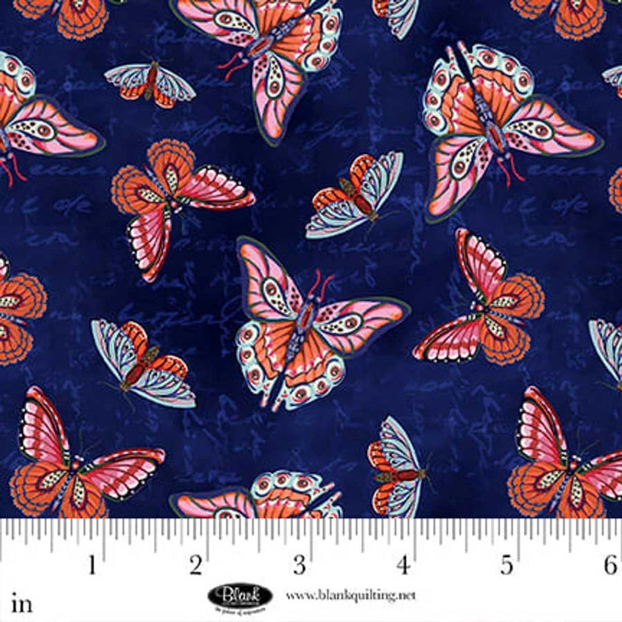 Cameo Appearance Navy Butterflies Fabric Yardage by Jaftex - Blank Quilting features colorful orange, blue, and pink butterflies with faint text patterns on navy 100% cotton; ruler at bottom shows fabric is to scale.