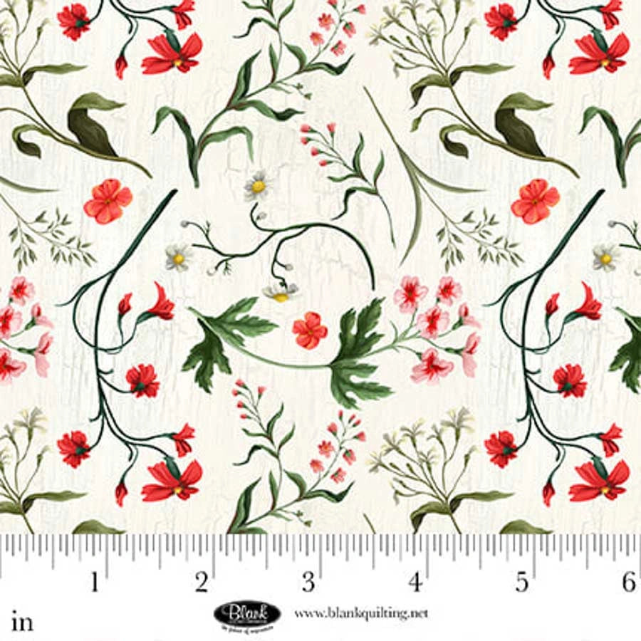 Illustration of red and pink wildflowers with green leaves on a cream background. A ruler shows inches for scale (0–8). Cameo Appearance Ivory Weedy Flowers Fabric Yardage by Jaftex - Blank Quilting, ideal for 100% cotton quilting projects.
