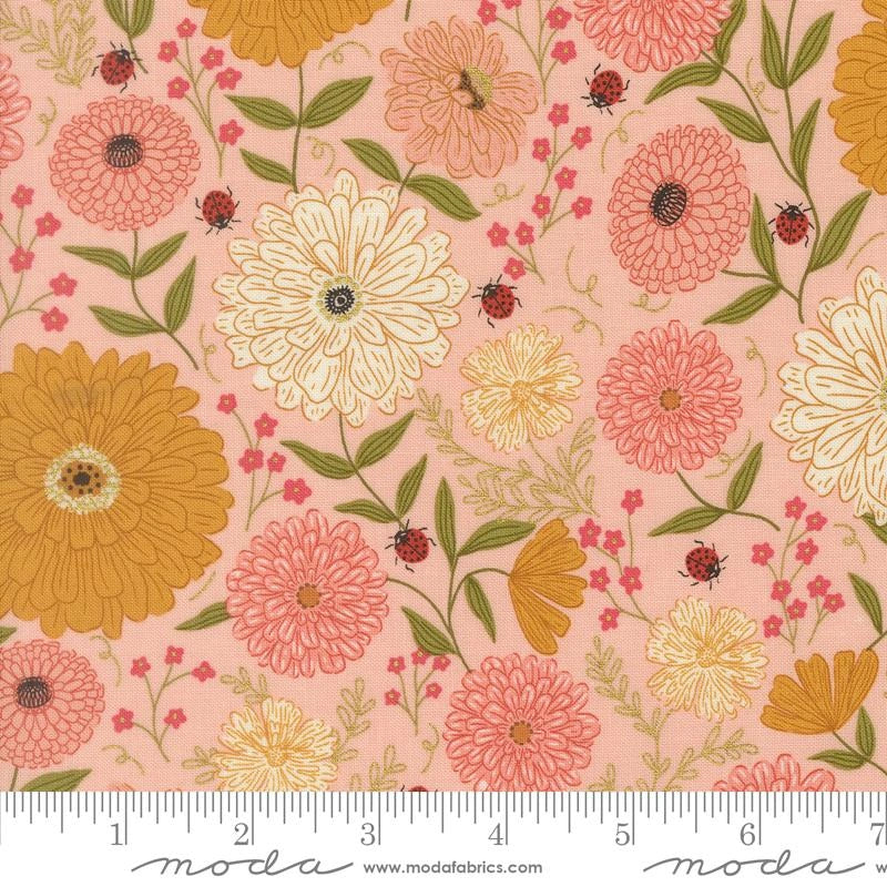 Ladybug Whimsy pretty pink zinnias ladybugs metallic fabric yardage