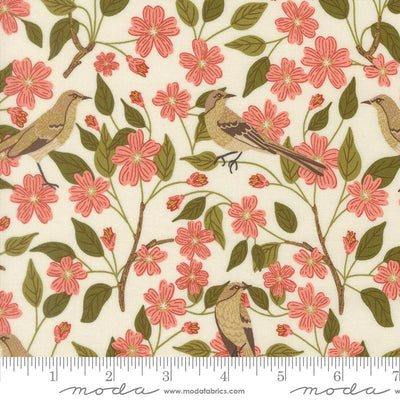 Ladybug Whimsy Eggshell Blossoms Birds Metallic Fabric Yardage