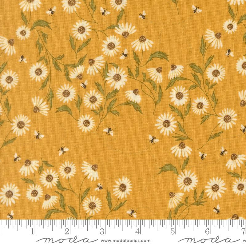 Ladybug Whimsy golden cone flower bees metallic fabric yardage