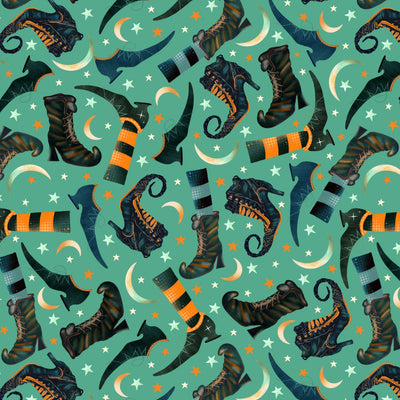 Witchy Wicked Turquoise Tossed Boots Fabric Yardage