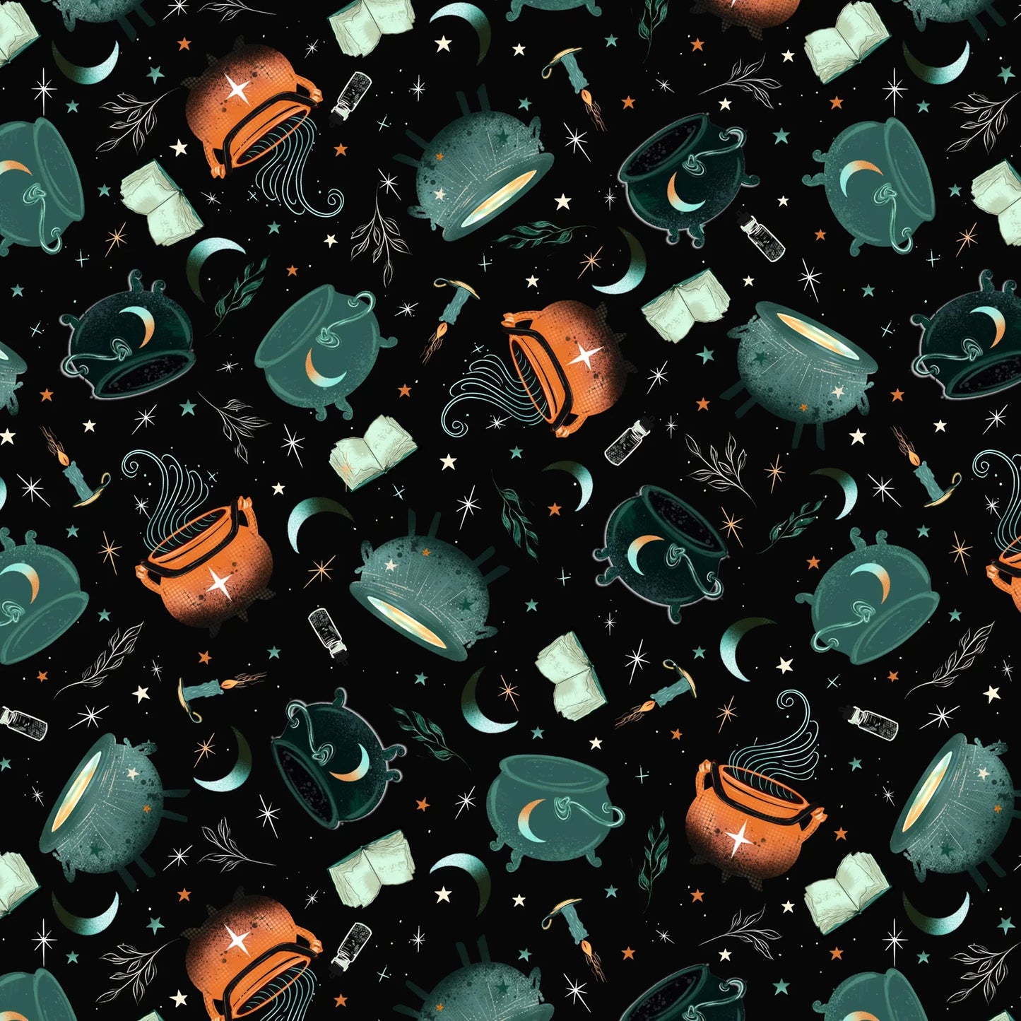 Witchy Wicked Black Cauldrons Fabric Yardage - quilt fabric for sewing and quilting projects