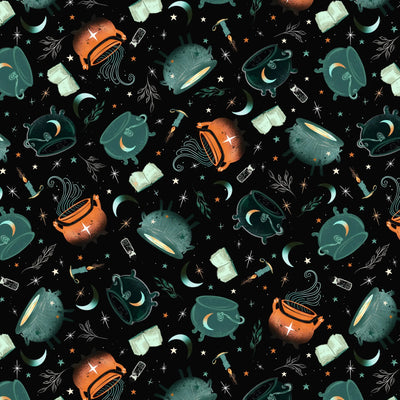 Witchy Wicked Black Cauldrons Fabric Yardage