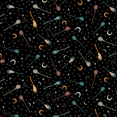 Witchy Wicked Black Tossed Broomsticks Fabric Yardage
