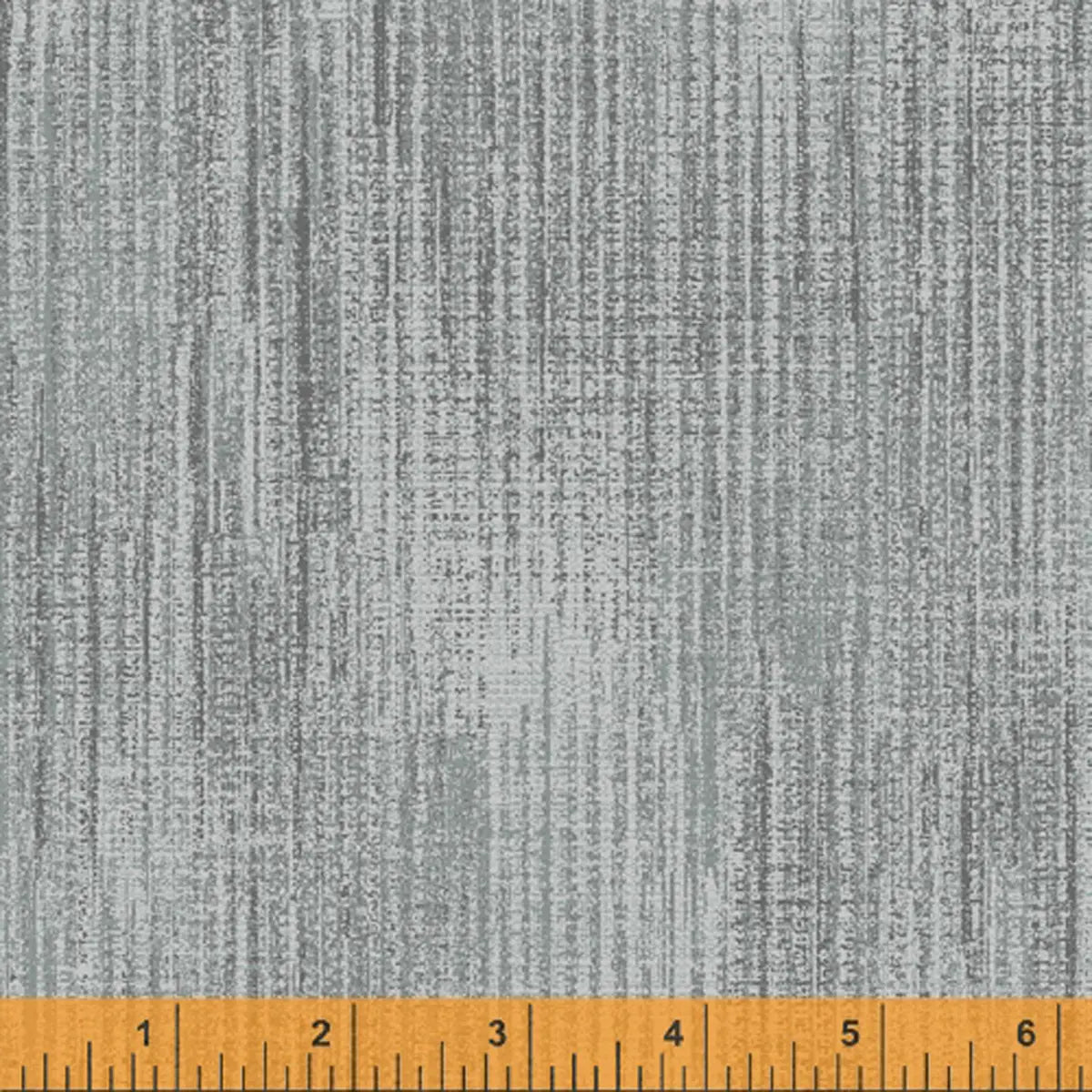 Terrain Wolf Fabric Yardage features a gray, textured design with vertical and horizontal lines for a woven, distressed look. An orange ruler at the bottom shows the sample is about six inches wide. Ideal for fabric projects.
