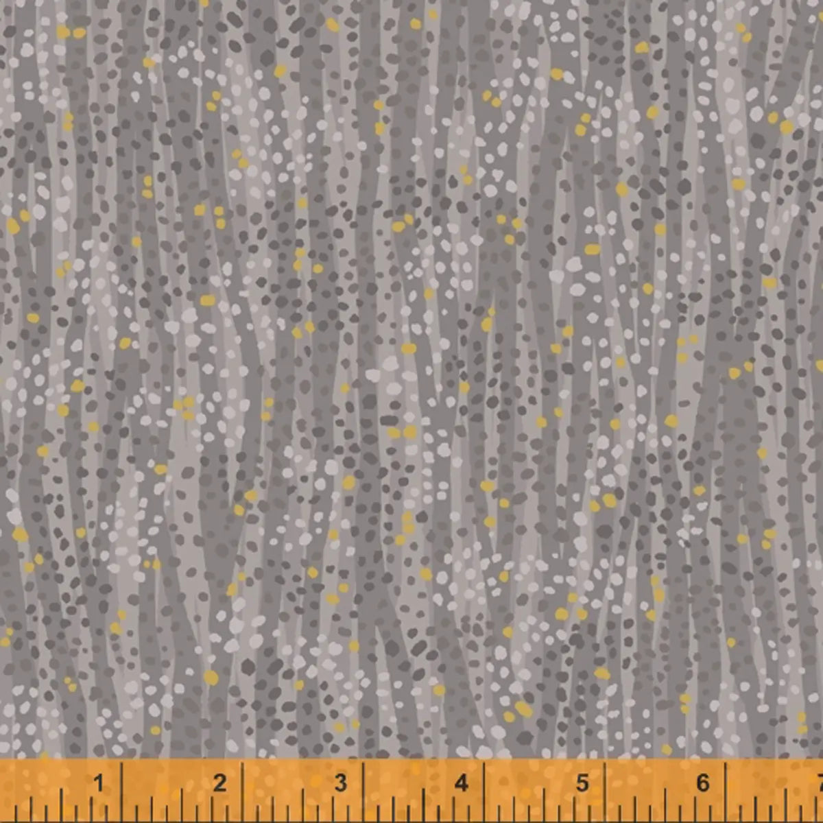Dewdrop Steel Metallic Fabric Yardage features small white, gray, and yellow dots in wavy vertical lines on a steel-gray background. An orange ruler at the bottom shows inches 1–8. Designed by Windham Fabrics.