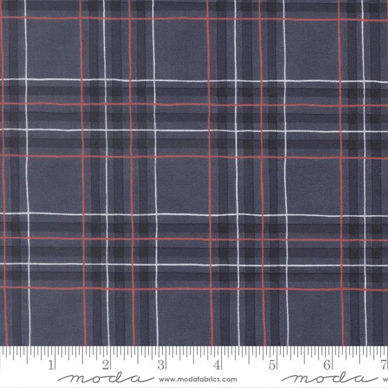 The America 250 Years Patriot Blue Checks and Plaids Fabric Yardage by United Notions features gray plaid with white, black, and red grid lines plus an inch ruler—ideal for Americana quilting and craft projects.