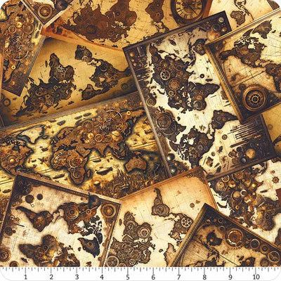 Steampunk Menagerie Multi Maps Fabric Yardage