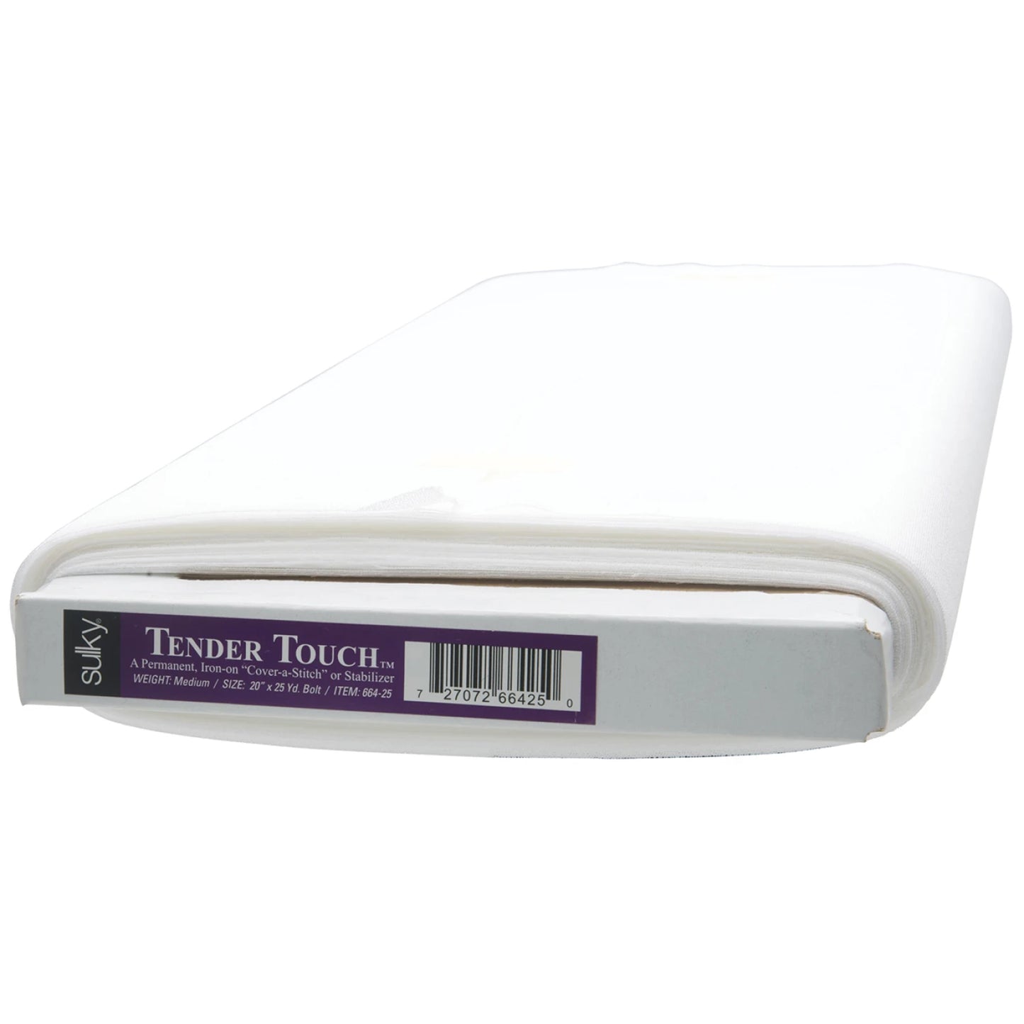 A bolt of Checker Distributor Cut Away Tender Touch Iron-On Backing White 20in, a permanent lightweight stabilizer, wrapped in white fabric with a product label and barcode on the packaging.
