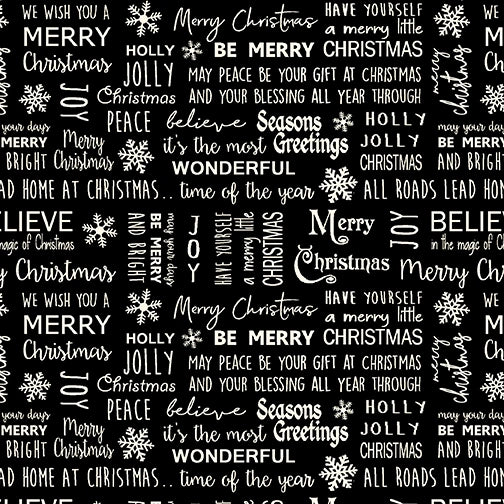 The Believe In Magic Flan GunMetal Fabric Yardage features a repeating black and white Christmas pattern with festive phrases and snowflakes—ideal for holiday projects.