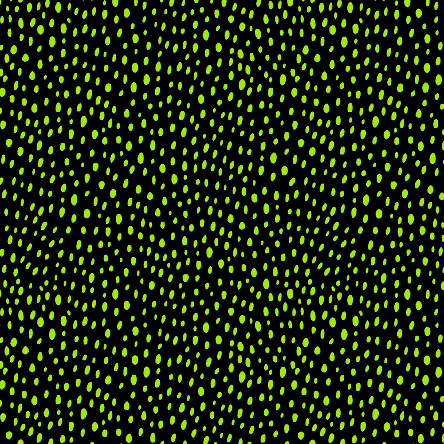 The African Story Black Droplets Fabric Yardage by Checker Distributor features a lively pattern of small, bright green dots scattered on black, with slight variations in size and spacing for an abstract, organic effect.