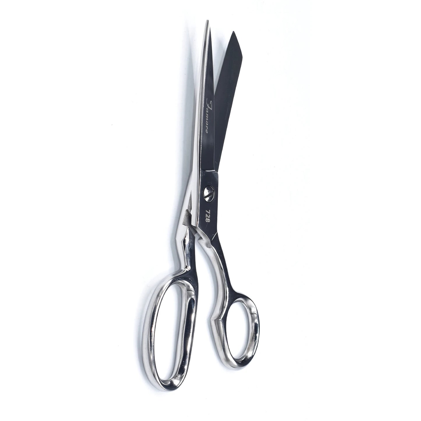 The Famore 8in Heavy Duty Razor Edge Fabric Shears by Checker Distributor feature shiny silver blades—one angled open—photographed on white, perfect for sewing projects and precise pattern cutting.