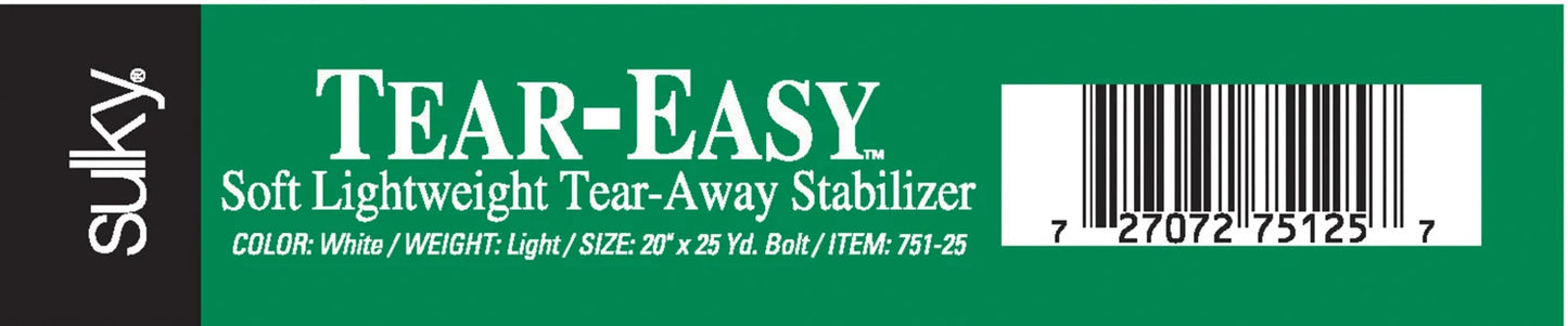Green and white label for Checker Distributor Tear Easy Tear-Away Stabilizer White, 20in x 25 yd bolt, lightweight embroidery stabilizer. Includes barcode and product details: COLOR: White / WEIGHT: Light / SIZE: 20 x 25 yd. / ITEM: 751-25.