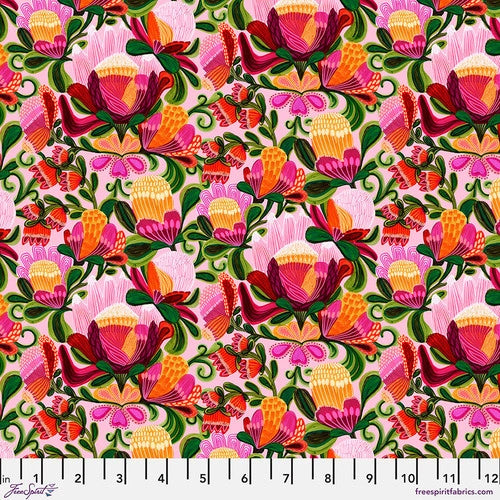 Paradise Blooms Rococo Garden Blush Fabric Yardage by Jaftex - FreeSpirit features vibrant pink, red, and yellow floral patterns with green leaves on white. Yardage is shown in inches from 1 to 13.