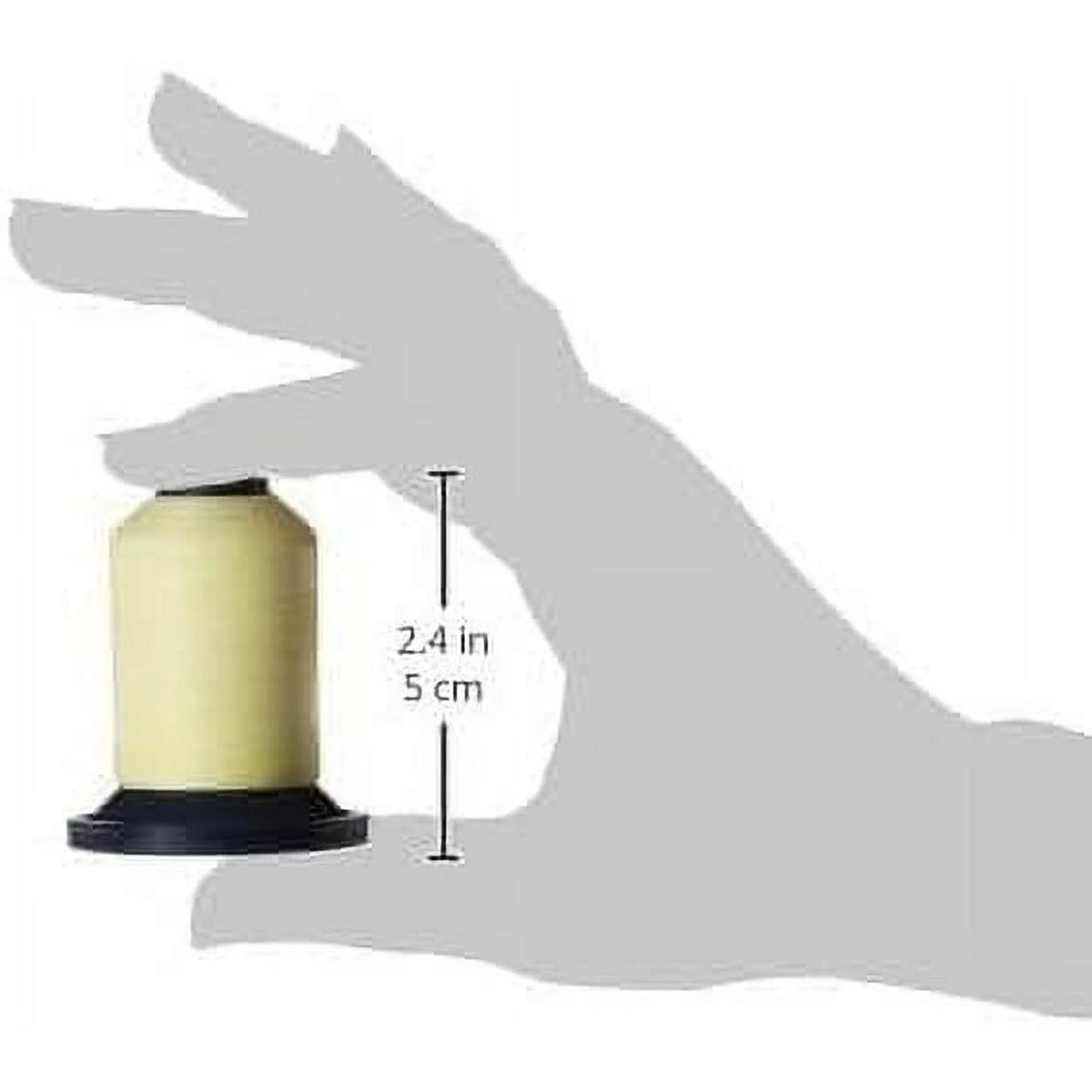 A hand silhouette holds a small 2.4-inch (5 cm) spool of Baby Lock Robison-Anton Polyester Embroidery Thread (Moonglow), emphasizing the compact size of this glow in the dark thread gift pack compared to the hand.