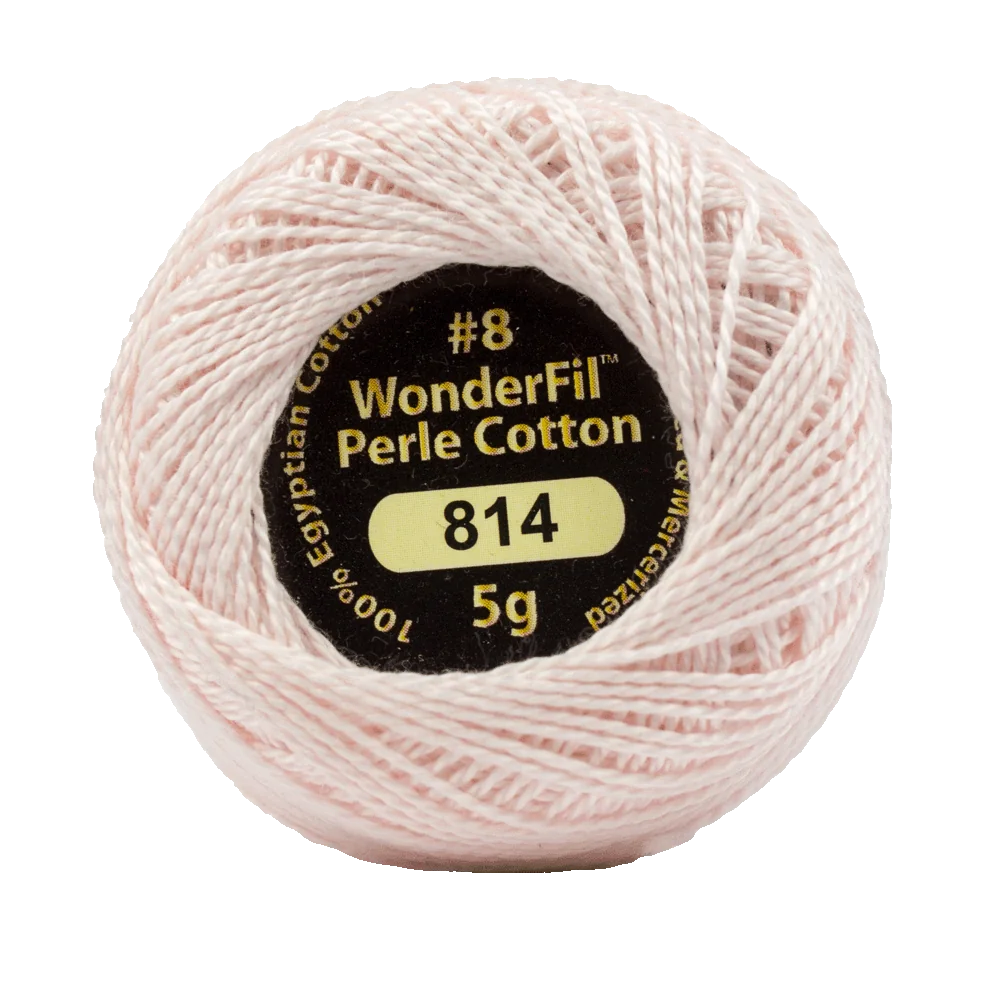 Wonderfil Eleganza Perle Cotton Fair Pink 814, size 8, is a 5g ball of Egyptian cotton thread—ideal for handwork or Big Stitch Quilting—featuring a black and yellow label at the center.