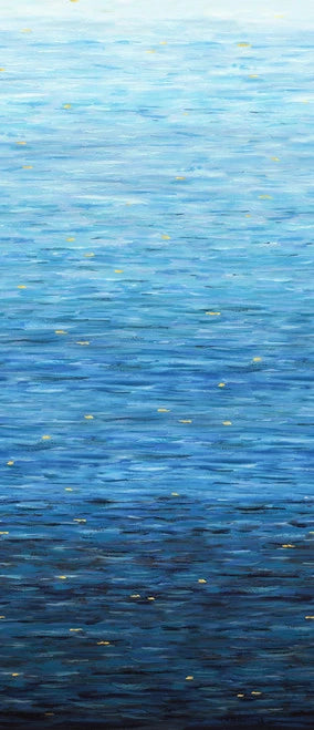 Inspired by the Go with the Flow Sapphire Watercolor Ombre 108" Wide 3 Yard Quilt Fabric Back Pack by Jaftex - Studio E, this abstract painting captures calm water in sapphire blues with yellow highlights and brushstrokes that suggest shimmering movement.