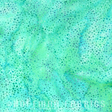 Dot Acapulco Batik Fabric Yardage features a textured turquoise watercolor effect with small, evenly spaced blue-green dots. "HOFFMAN FABRICS" watermark is visible at the bottom.
