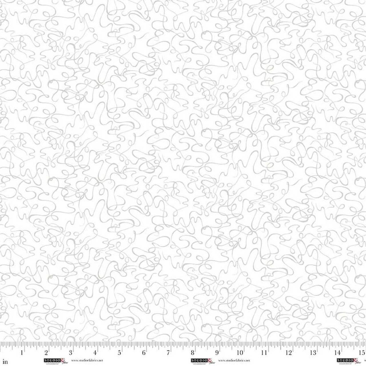Best of Cream & Sugar White on White Scribbles Fabric Yardage by Jaftex - Studio E features a subtle, irregular light gray scribble pattern on white. Shown with an inch ruler (1–15). The low-volume design repeats uniformly across the fabric.
