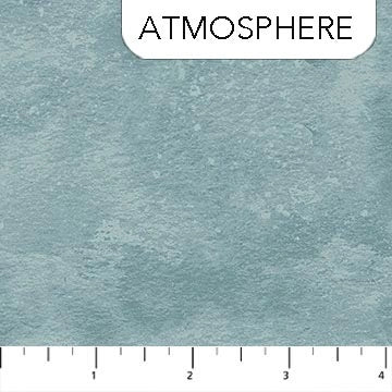A textured, cloudy blue-gray quilting fabric labeled Toscana Atmosphere Fabric Yardage at the top by Northcott, with a white inch ruler along the bottom edge. Ideal for quilting and sewing projects using high-quality Northcott fabrics.