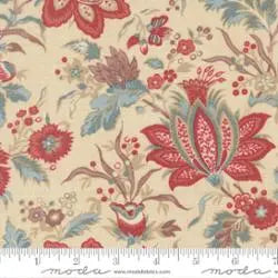 Fleur De Paris Pearl Pivoine Florals Fabric Yardage by United Notions features cream fabric with vintage-style red, blue, and tan peony florals and leaves. A measuring ruler appears along the bottom edge.